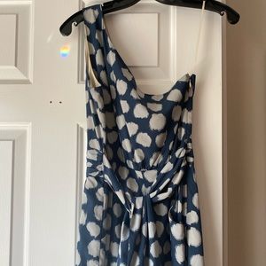 Polka dot navy/ white one shoulder Theory dress